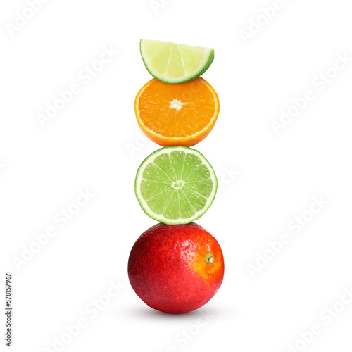 Fototapeta Naklejka Na Ścianę i Meble -  Stack of different fresh citrus fruits on white background
