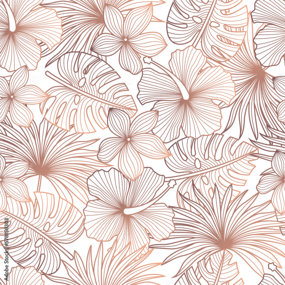 Outline Tropical leaves, jungle leaves seamless floral pattern background	
