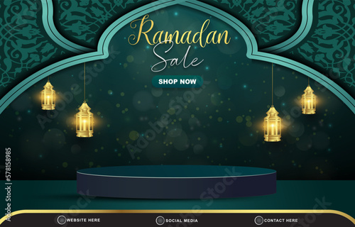 ramadan sale discount template banner with copy space 3d podium for product sale with abstract gradient green and blue background design