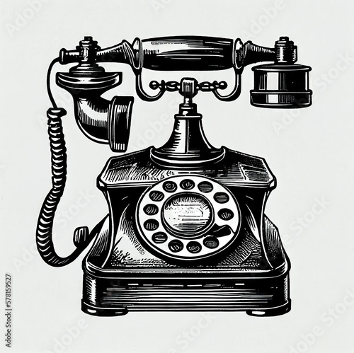 This digital AI image features a vintage retro telephone rendered in heavy black line art. The telephone is depicted in a stylish and classic design.