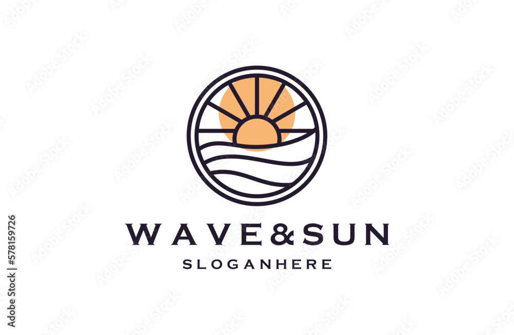 Wave sun beach logo icon vector in trendy line linear outline illustration