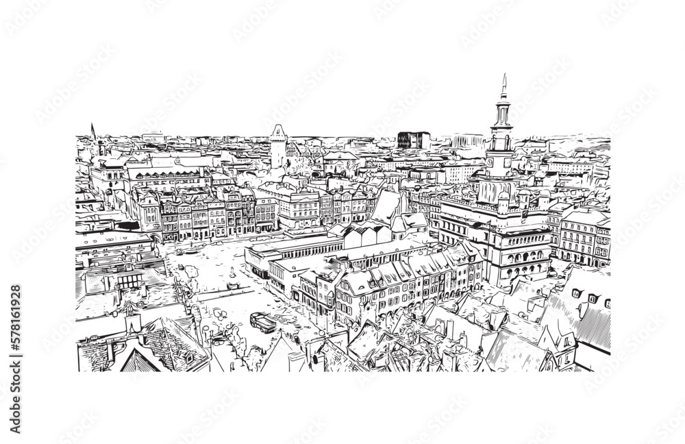 Building view with landmark of Poznan is the
city in Poland. Hand drawn sketch illustration in vector.