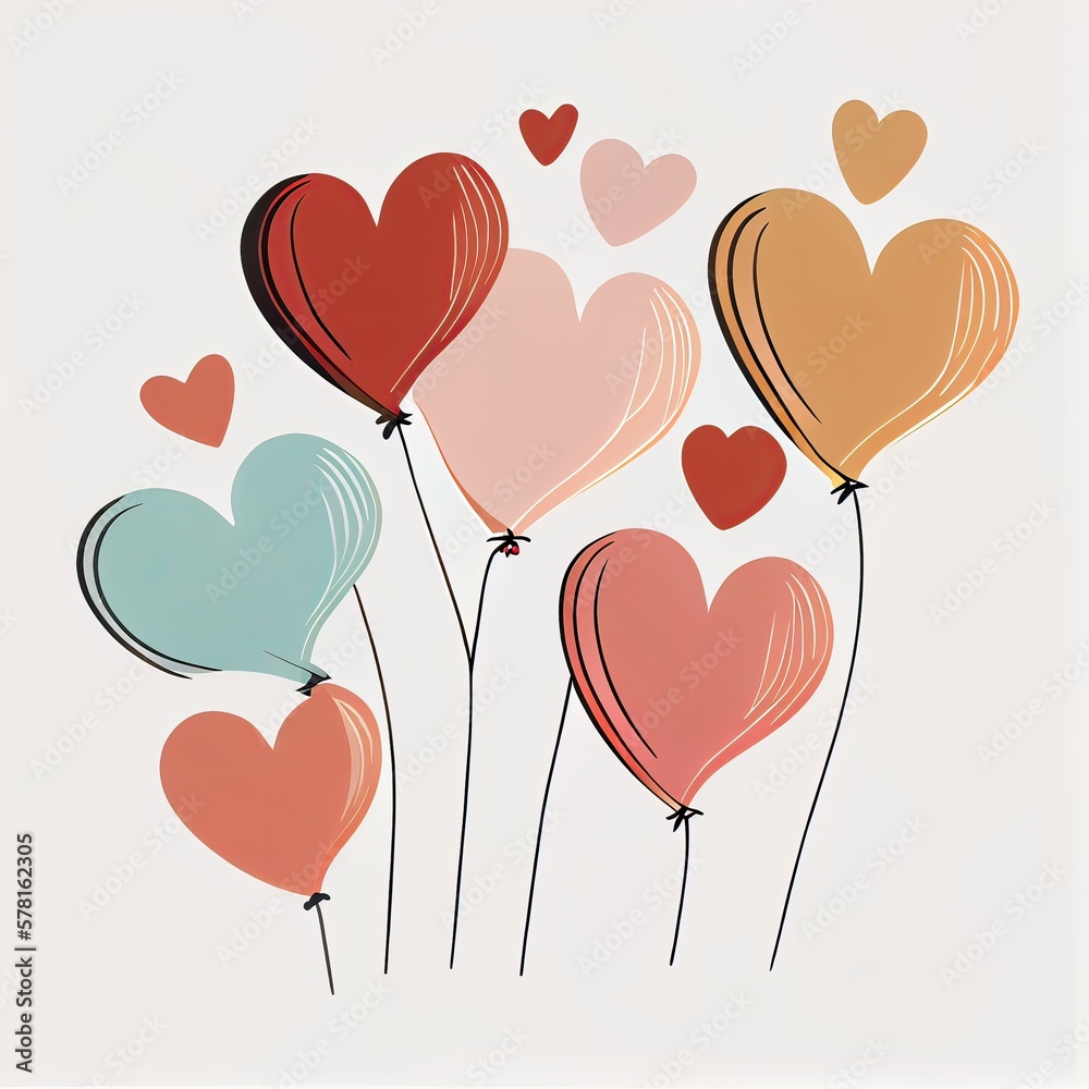 Heart-shaped balloons with ribbon. Hand-drawn party decoration. Flat vector elements. balloon like a heart. concept of balloon, event, joy, present, balloon. Generative Ai