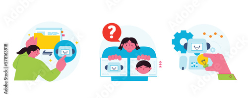 The Age of AI. Intelligence Meets Technology. Business concept illustration with people and icons. Comparison of human and artificial intelligence.