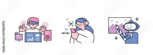 The Age of AI. Intelligence Meets Technology. Business concept illustration with people and icons. Artificial intelligence artist and virtual reality.