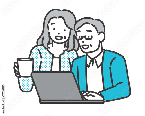 リラックスしながらPCを見るシニア夫婦のベクターイラスト素材／映画／休日