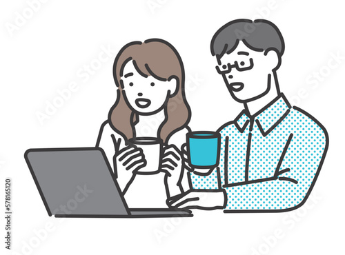 リラックスしながらPCを見る夫婦のベクターイラスト素材／映画／休日