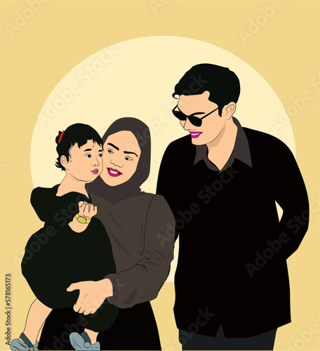 vector art of a happy indonesian mosleem young family with their young daughter. for banner, poster, and many others template design photo