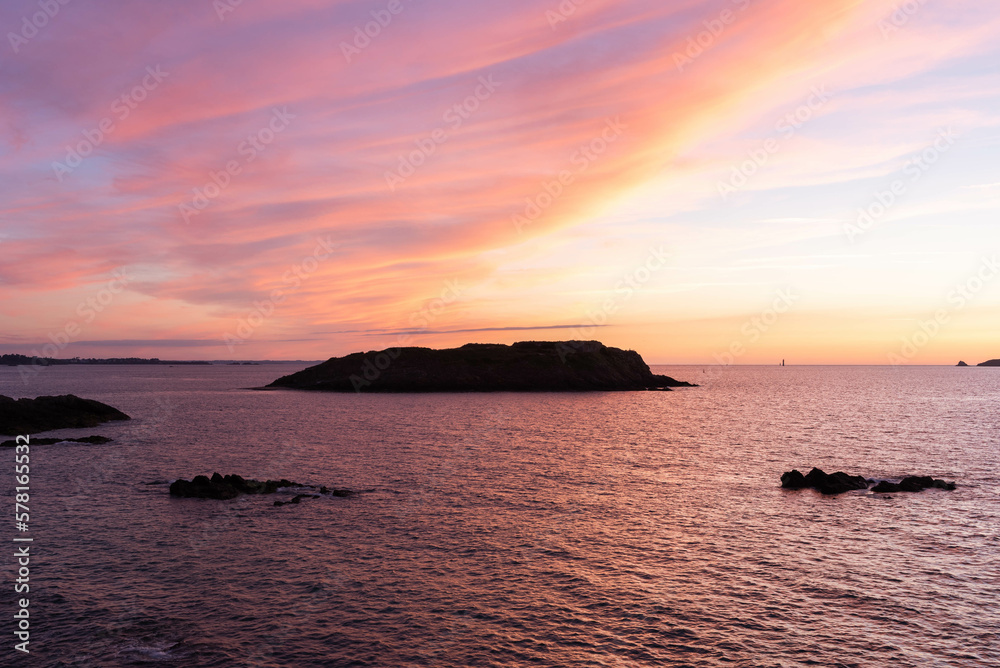 The Grand Be island view from the St Malo fortification at the sunset( St Malo, Ile et Vilaine, Bretagne, France)