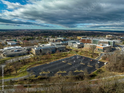 Aerial view of the Health Science Building, Science, Engineering, and Technology Building, Duncan Hall at Howard Community College in Columbia Maryland