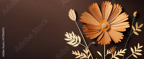 Papercut orange cosmos flower background, beautiful cosmos flower with copyspace background, horizontal flower banner