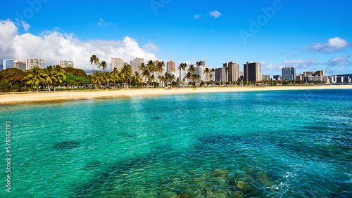 Magic Island at Ala Moana Beach Park, Honolulu, Hawaii with view of Diamond Head Crater