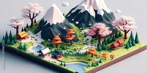 3D 32 bit Isometric landscape of a Japanese village river cherry blossom trees Spring Summer Mt Fuji Ai Art Computer Background Wallpaper