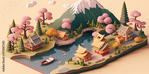 3D 32 Bit Isometric landscape of a Japanese village near a river with a boat in the Spring or Autumn with Cherry Blossoms Ai Art Computer background wallpaper