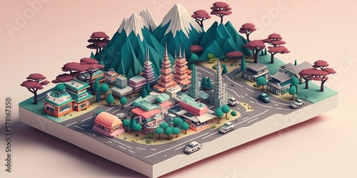3D 32 bit isometric landscape of Japan with Mt Fuji in the background Spring City Ai Art Computer background wallpaper