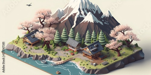 32 bit isometric landscape of Japanese village in Spring Ai Art Computer background wallpaper