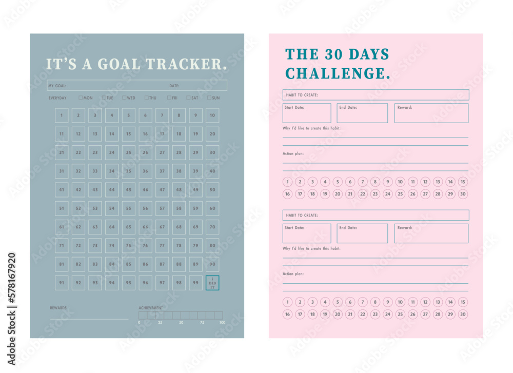 (Blue and Pink) 30 Days Challenge and 100 Days of habits month planner. Minimalist planner template set. Vector illustration. (Blue and Pink) 30 Days Challenge and 100 Days of habits month planner. Minimalist planner template set. Vector illustration.