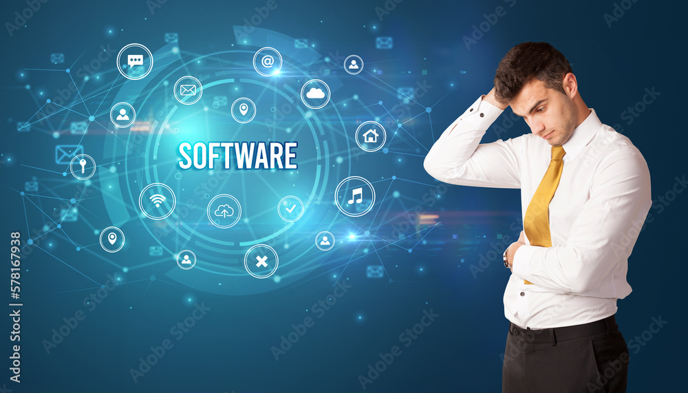Businessman thinking about modern technology Businessman thinking about modern technology