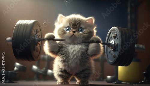 Adorable cat lifting weights. Created with Generative AI.