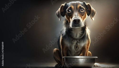 Foto cute small dog sitting and waiting to eat his bowl of dog food