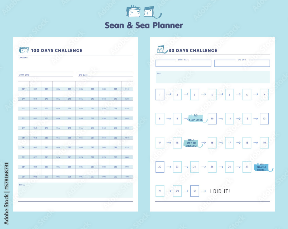 (Sea and Sean) 30 Days Challenge and 100 Days of habits month planner. Minimalist planner template set. Vector illustration. (Sea and Sean) 30 Days Challenge and 100 Days of habits month planner. Minimalist planner template set. Vector illustration.