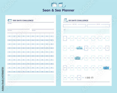 (Sea and Sean) 30 Days Challenge and 100 Days of habits month planner. Minimalist planner template set. Vector illustration.