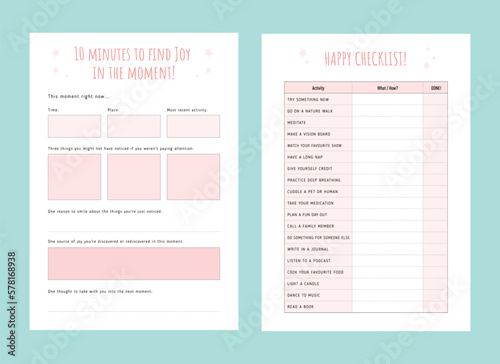 10 mins to find joy in the moment and Happy check list planner. Vector illustration. 