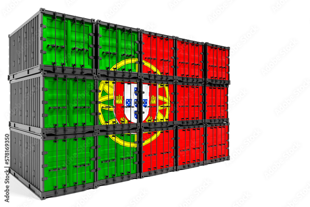 Obraz premium The concept of Portugal export-import, container transporting and national delivery of goods. The transporting container with the national flag of Portugal, view front