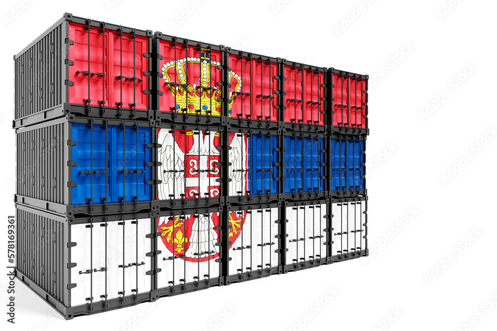 Fototapeta premium The concept of Serbia export-import, container transporting and national delivery of goods. The transporting container with the national flag of Serbia, view front