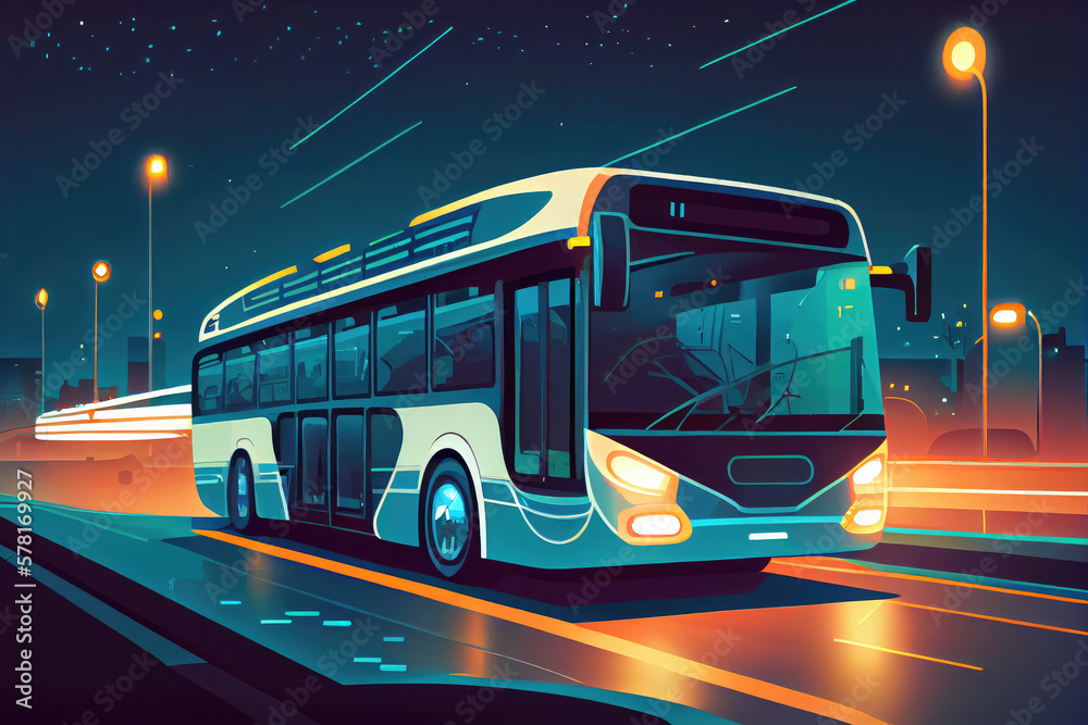 Autonomous smart bus and car rides through the night city. 