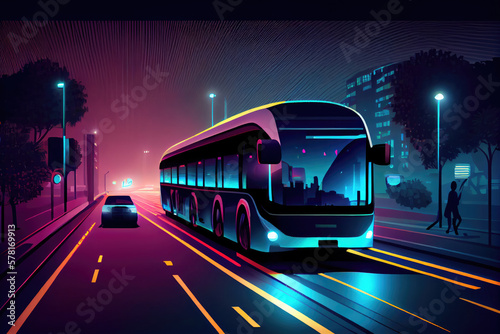 Autonomous smart bus and car rides through the night city.  photo