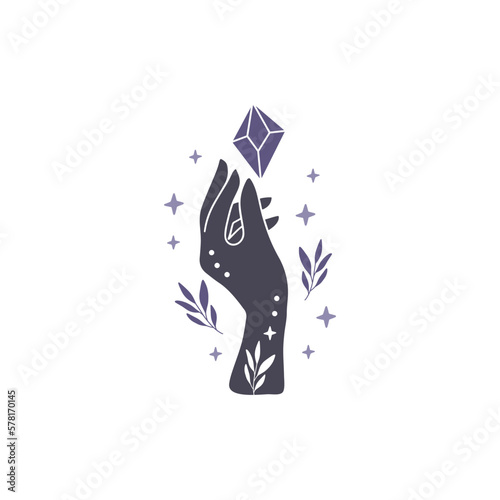 Witch hand with boho crystal vector illustration. Mystical witchcraft clipart for esoteric t-shirt print, magical logo, boho poster, card.