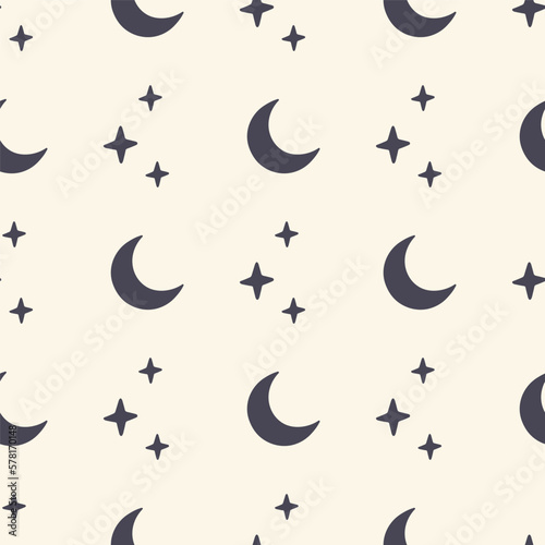 Vector seamless pattern with moon and stars on beige background. Mystical illusrtation. Print for magical digital paper, fabric, wrapping, baby clothes.