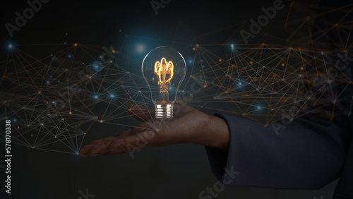 Foto Creative solution or idea for web banner design or landing page template for creative agency with hands coming out of the screen with light bulbs and colorful abstract geometric shapes and lead lines