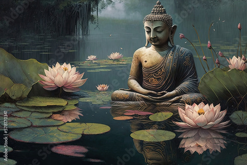 gold Buddha statue on the water with lotuses