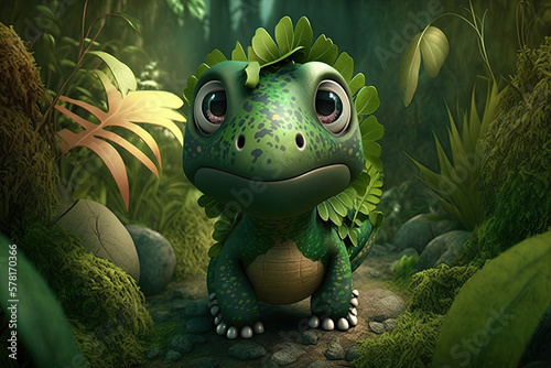 cute 3d dinosaur character in the jungle, generative AI © Kien