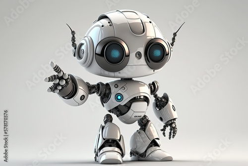 Cute robot on a white backdrop with a pointing hand and a winking eye. technological idea, generative AI © Kien