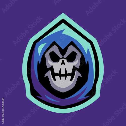 grim reaper face mascot logo. esport, gaming, skull, spooky logo concept. suitable for print, web, profile avatar, etc.
