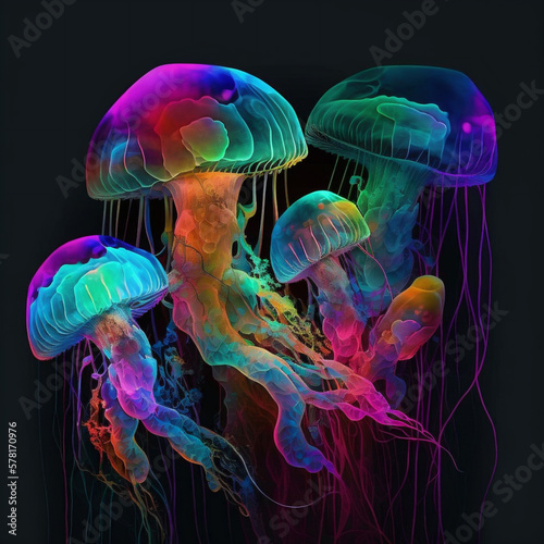 Jellyfish fluorescent colorfull illustration on dark background. AI generated picture. High quality photo