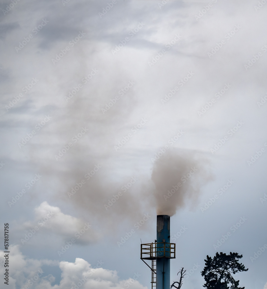 Heavy smoke from a chimney against a polluted sky. New Zealand. Vertical format.