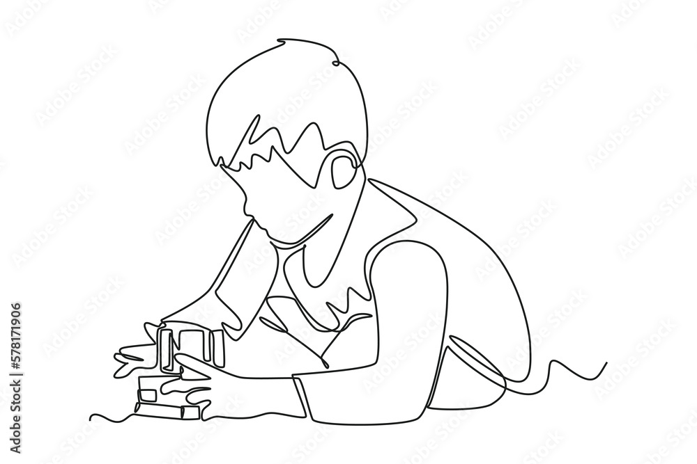 Continuous one line drawing happy boy playing puzzle box. Happy Children's Day concept. Single line draw design vector graphic illustration. Continuous one line drawing happy boy playing puzzle box. Happy Children's Day concept. Single line draw design vector graphic illustration.