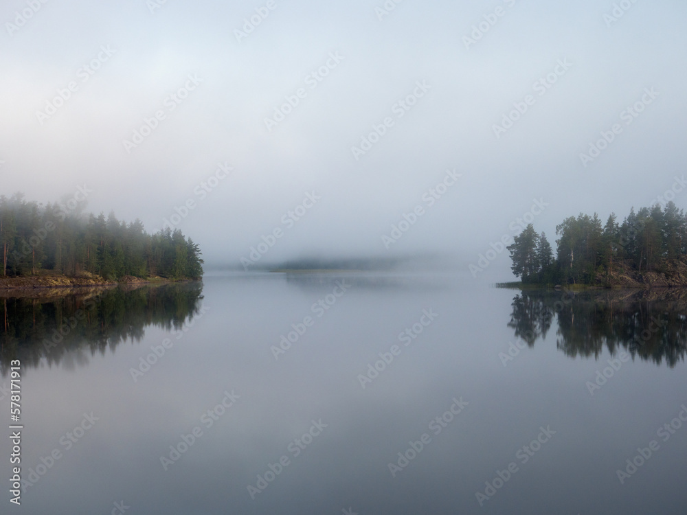 landscape with morning mist over forest lake