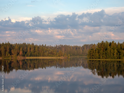 landscape with reflections on a forest lake