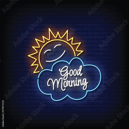 Neon Sign good morning with brick wall background vector