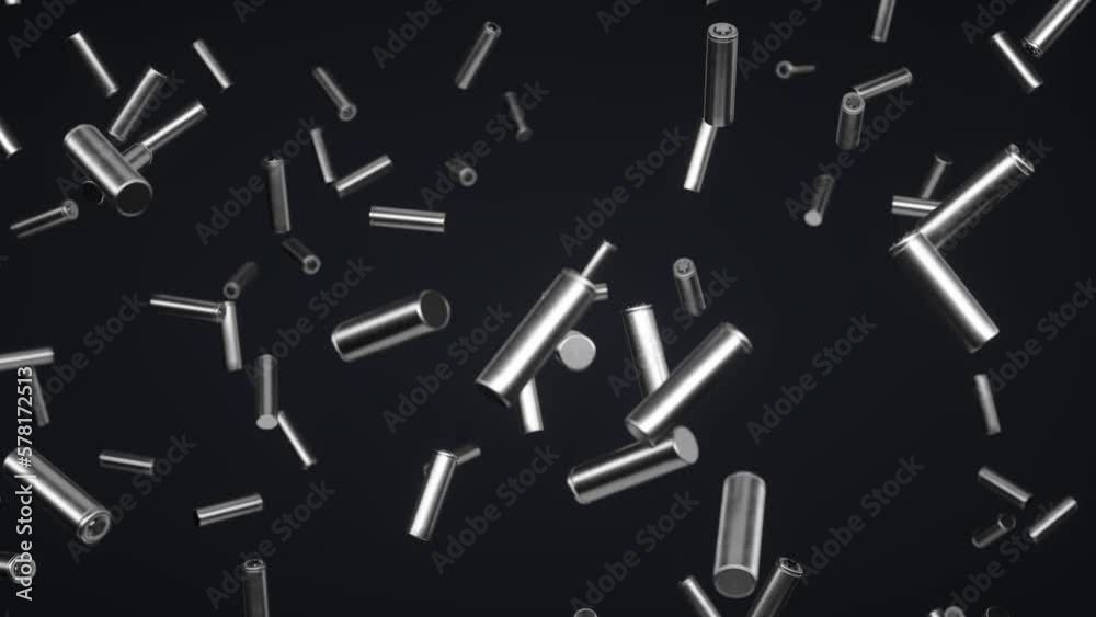 Batteries falling. These are the 18650 batteries that for example Tesla uses in their cars. They are rendered in a brushed metal style. Batteries falling. These are the 18650 batteries that for example Tesla uses in their cars. They are rendered in a brushed metal style.