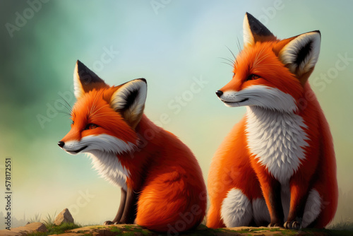 Colorful magic Red Fox, cartoon style painting. Generative ai art illustration