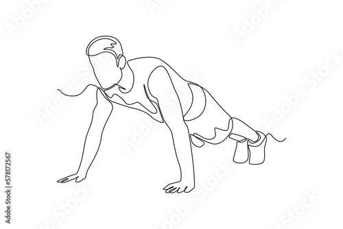 Single one line drawing Man doing push up. Fitness activity concept. Continuous line draw design graphic vector illustration.