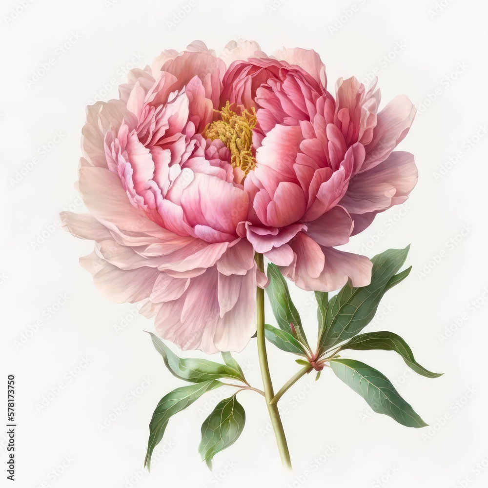 Beautiful pink peony on white background. Watercolor illustration of a light pink flower. Generative AI art.