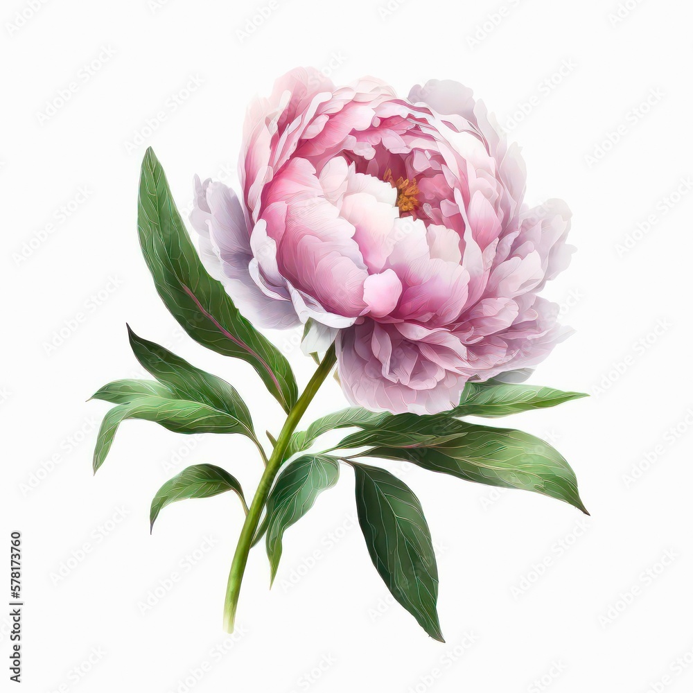 Beautiful pink peony on white background. Watercolor illustration of a  light pink flower. Generative AI art. Stock Illustration
