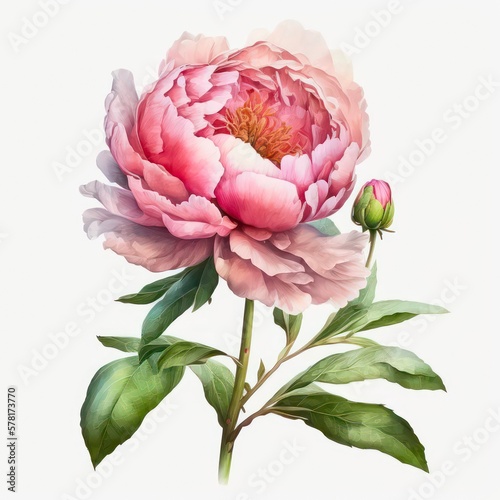 Fototapeta Naklejka Na Ścianę i Meble -  Beautiful pink peony on white background. Watercolor illustration of a light pink flower. Generative AI art.
